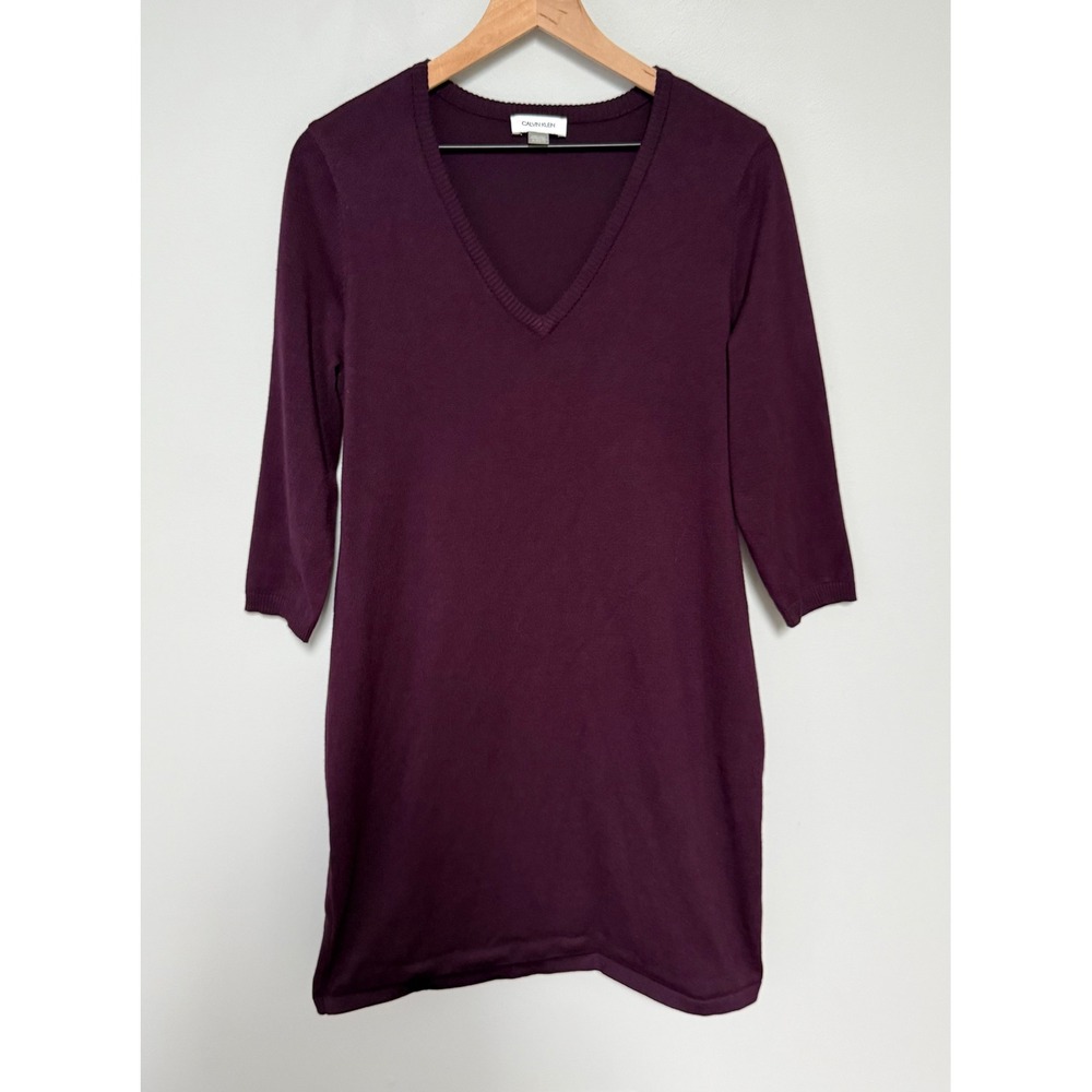 Calvin Klein Women's V-Neck 3/4 Sleeve Knit Sweater Dress Plum Purple Size XL
